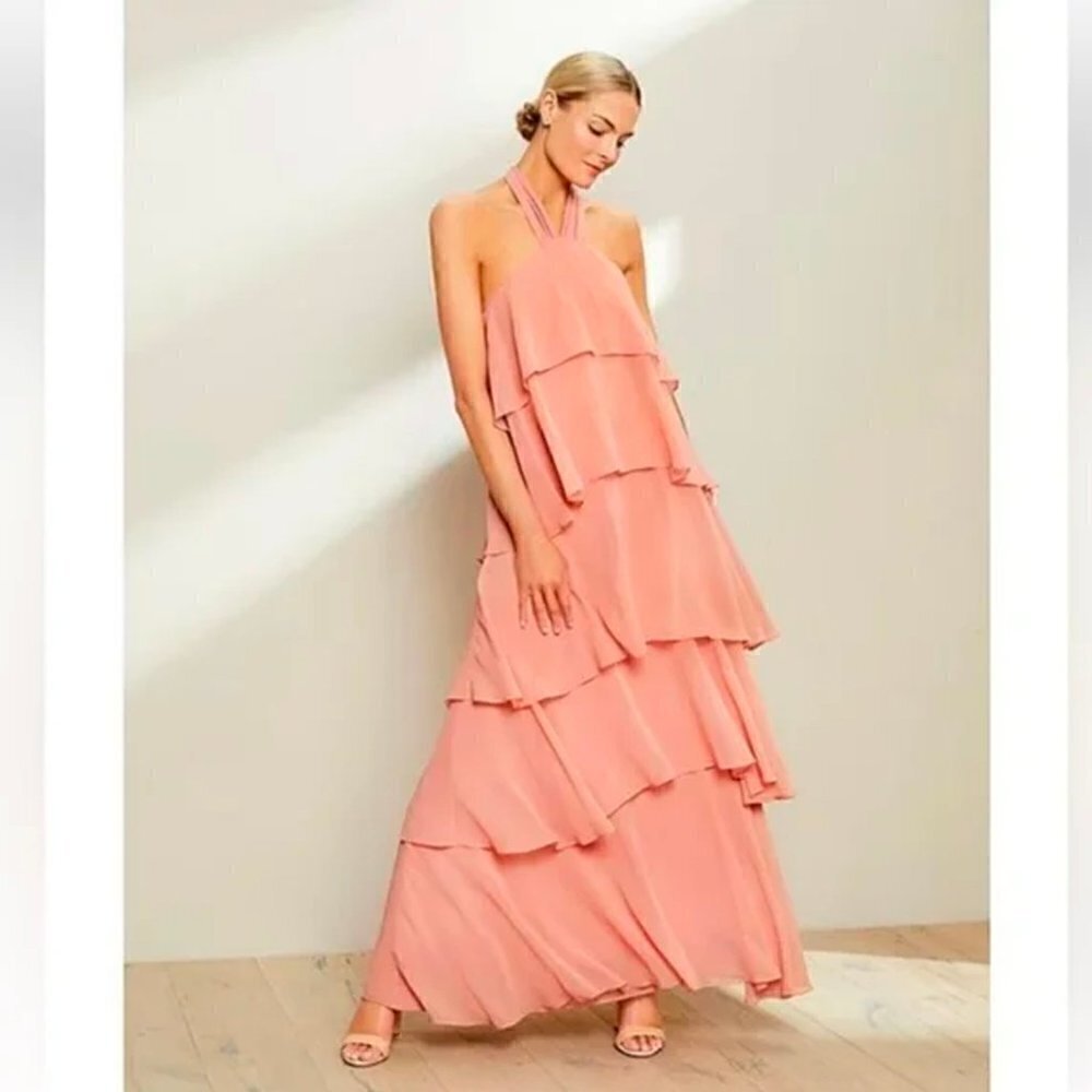 Antonio Melani Mariella Crinkled Chiffon Halter Neck Sleeveless Maxi Dress Pink - Picture 2 of 14